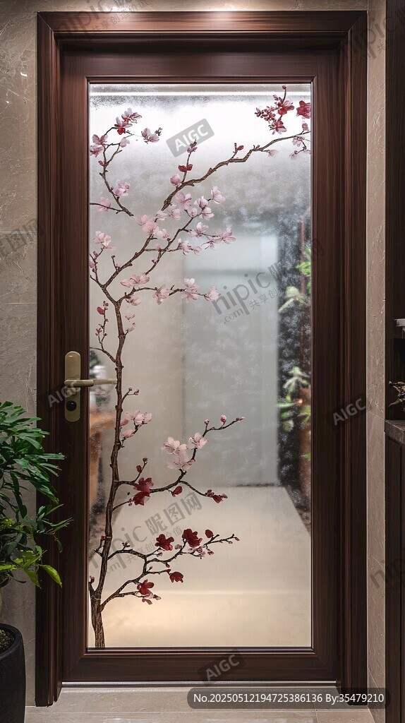 中式桃花圖案玻璃門