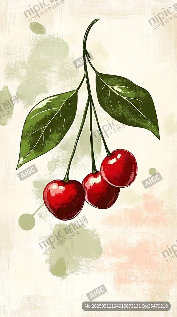 水彩風(fēng)懸掛的鮮紅櫻桃