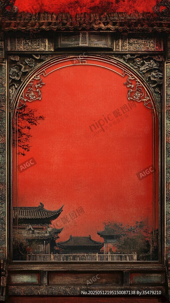 中式紅墻拱門古建筑景觀