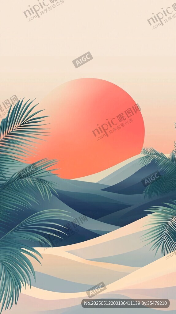 日落沙灘與棕櫚樹美景