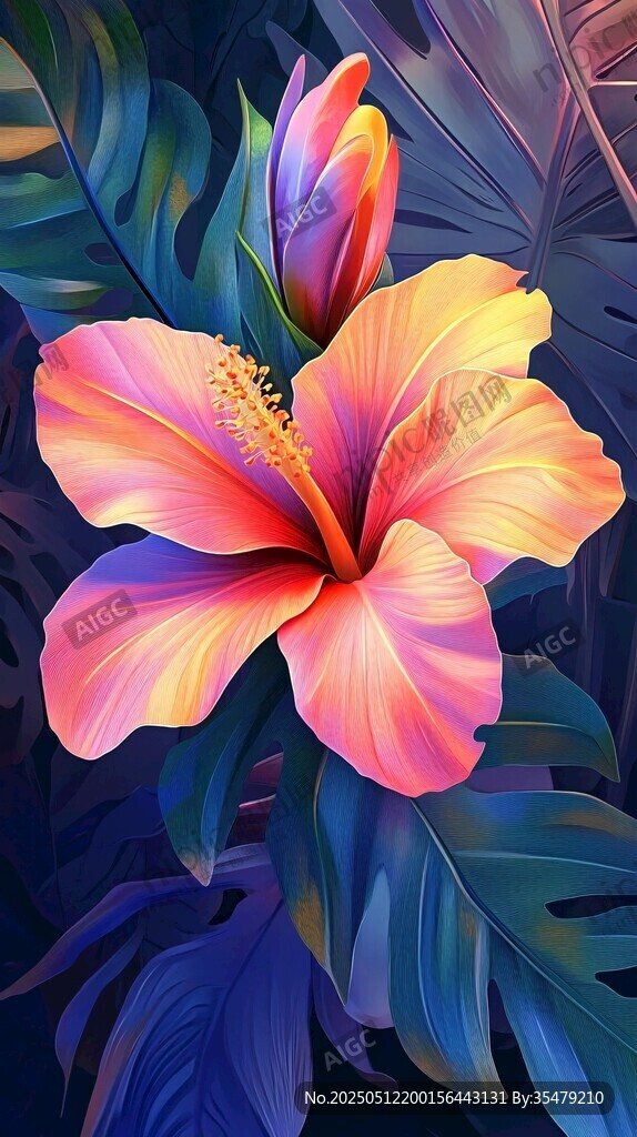 夢(mèng)幻絢爛的芙蓉花插畫