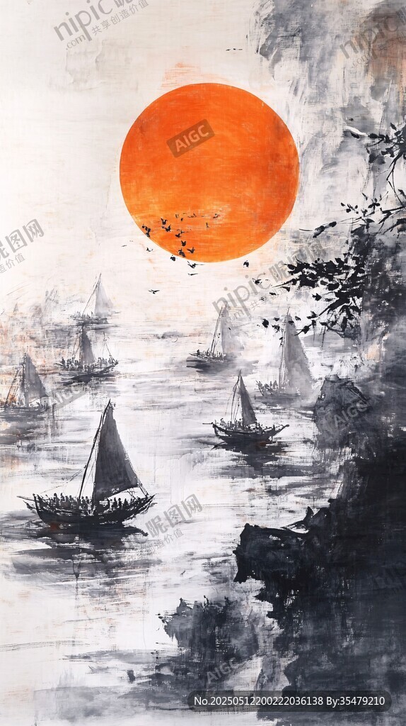 落日下的水墨江上行舟圖