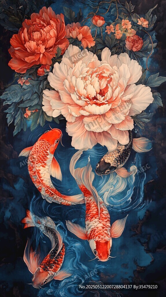 牡丹錦鯉圖
