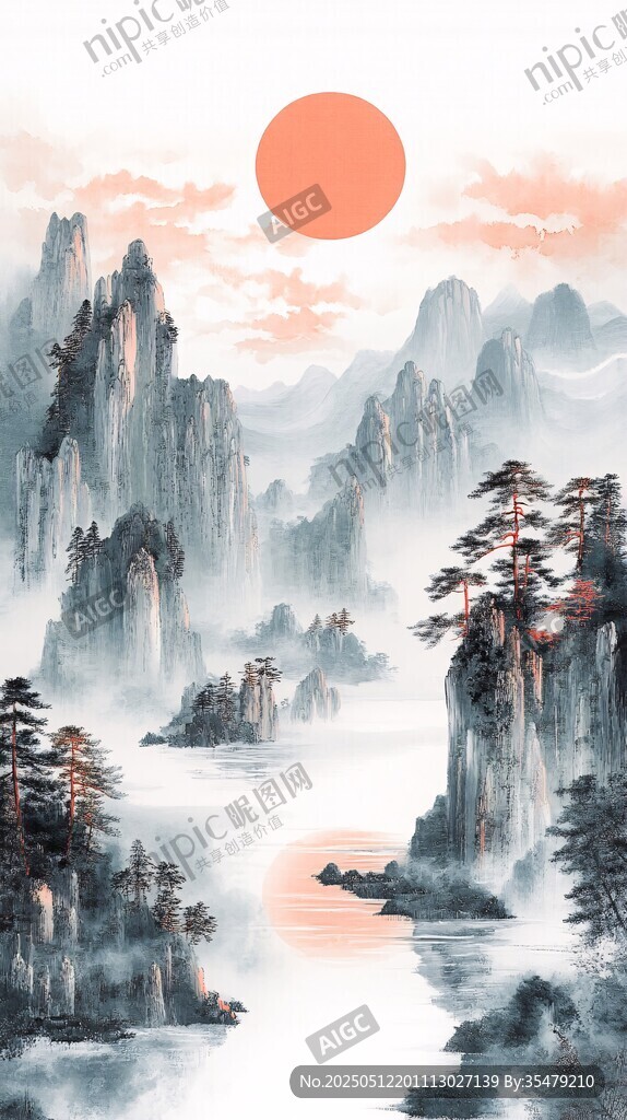 水墨山水間的壯麗日出