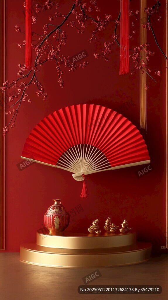 中式紅扇典雅擺件展示