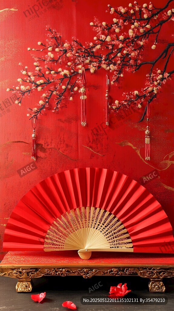 中式紅扇與紅梅裝飾畫面