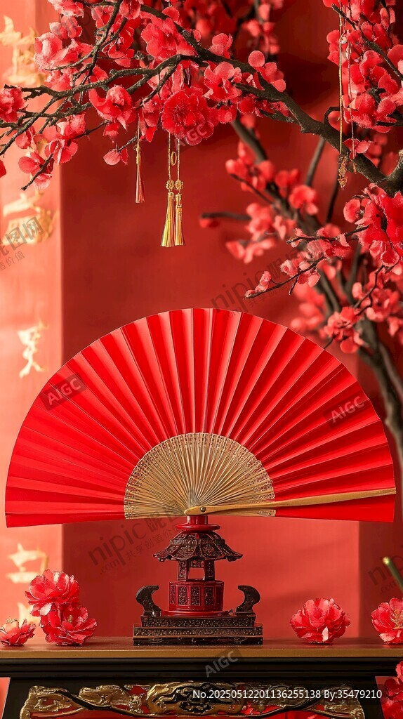 中式紅扇與繁花喜慶場(chǎng)景