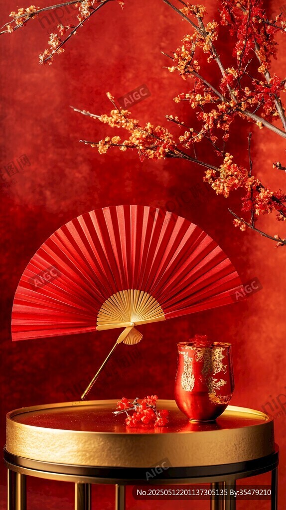 中式紅韻 折扇紅梅共雅景