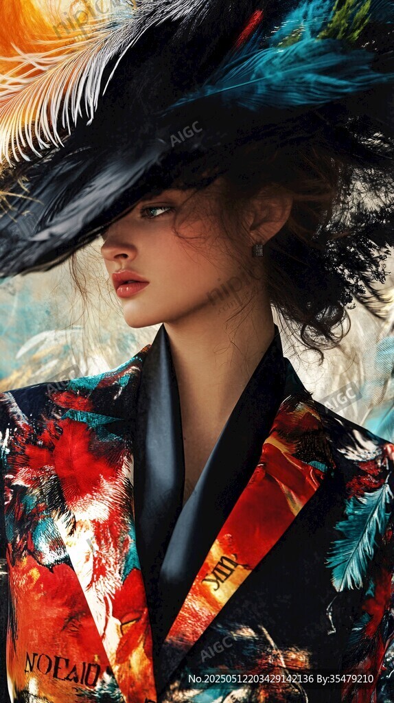 華麗羽帽與印花服飾美女