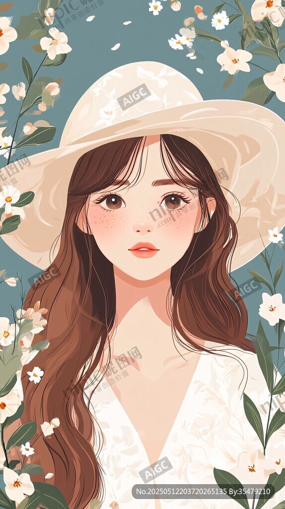 花海中的優(yōu)雅戴帽少女