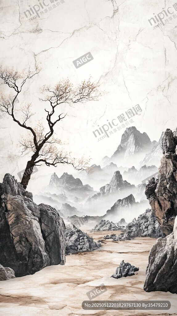水墨山水孤樹意境圖