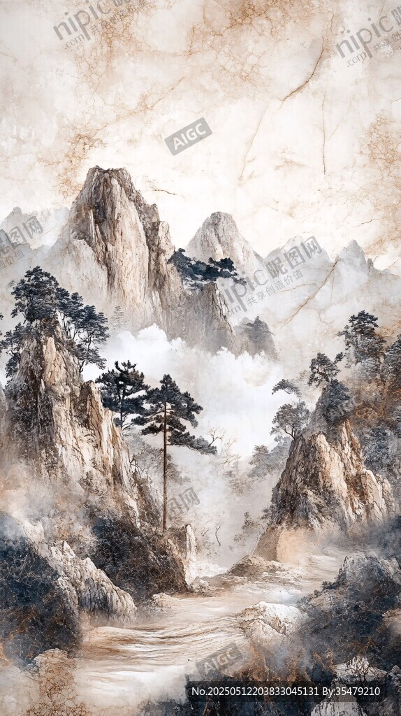 水墨山水間 松立奇峰旁