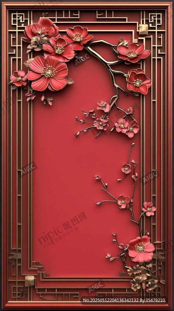 中式紅底雕花邊框裝飾