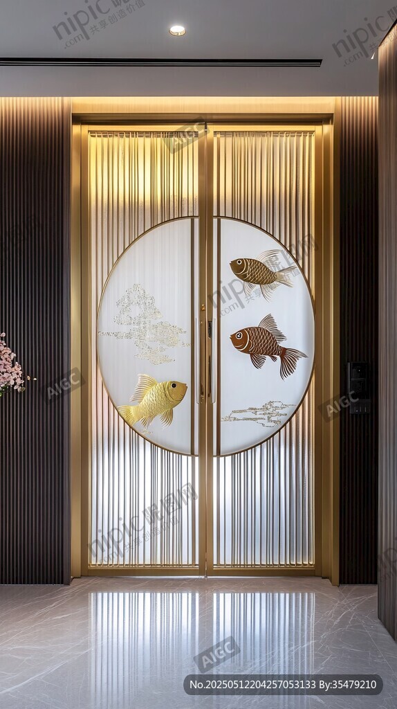 中式雙開金魚圖案精美門