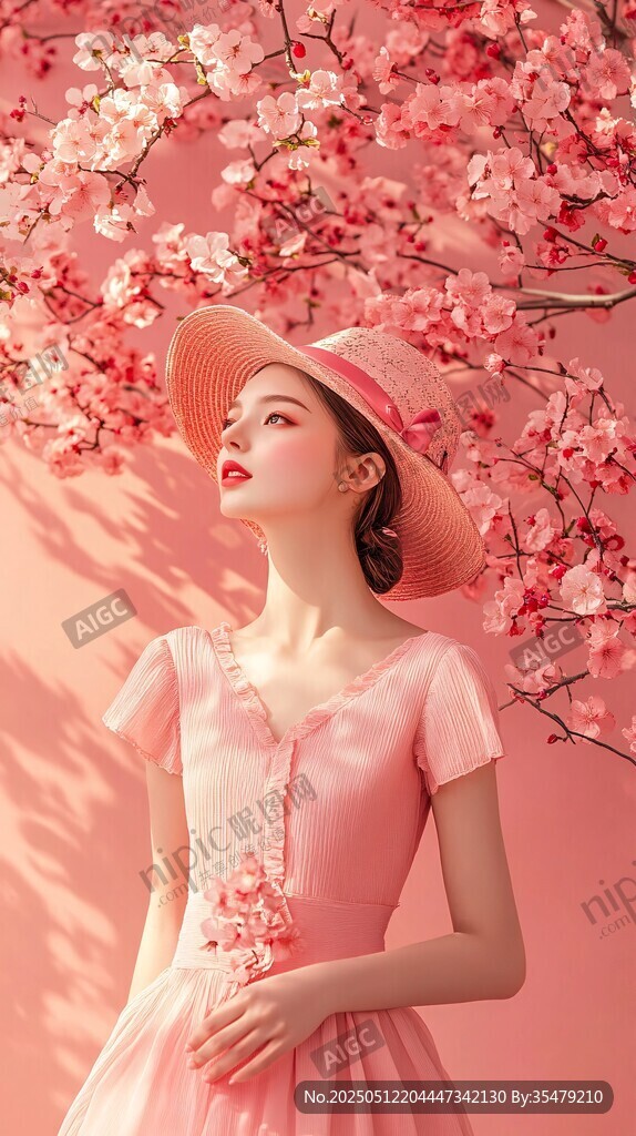 粉裙少女與爛漫櫻花邂逅