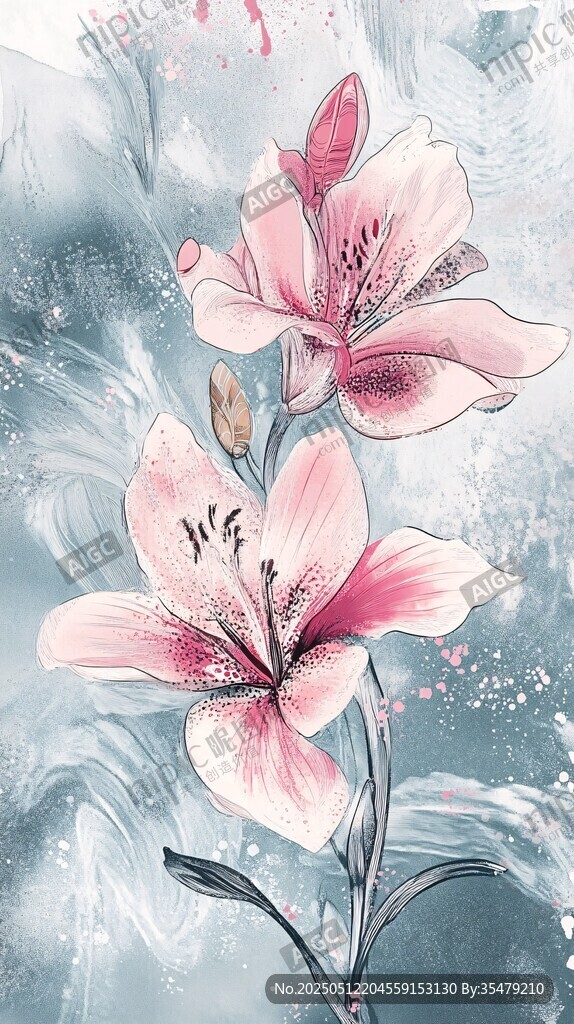 夢幻粉色百合花插畫
