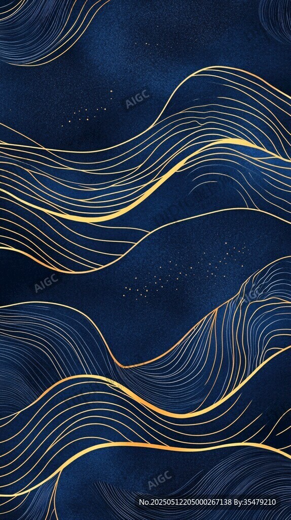 深藍金紋 夢幻波浪紋理圖