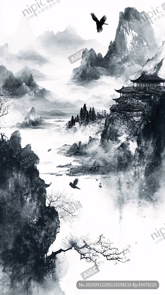 水墨山水間的飛鳥與古建