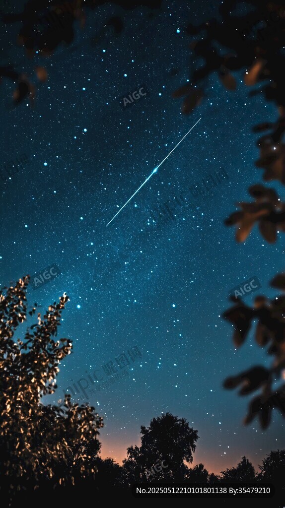 夜空中的流星與樹木美景