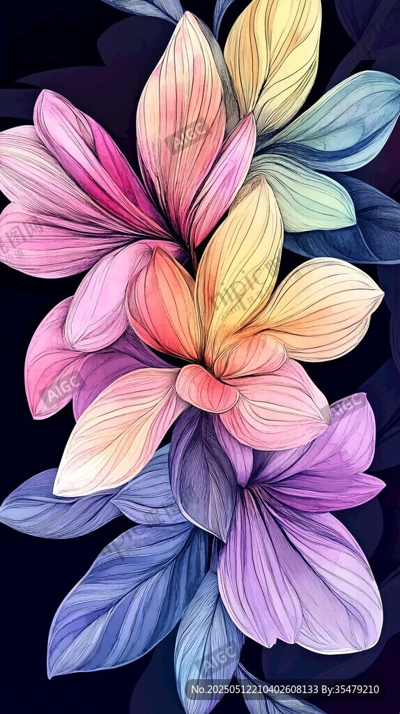夢幻多彩花卉插畫