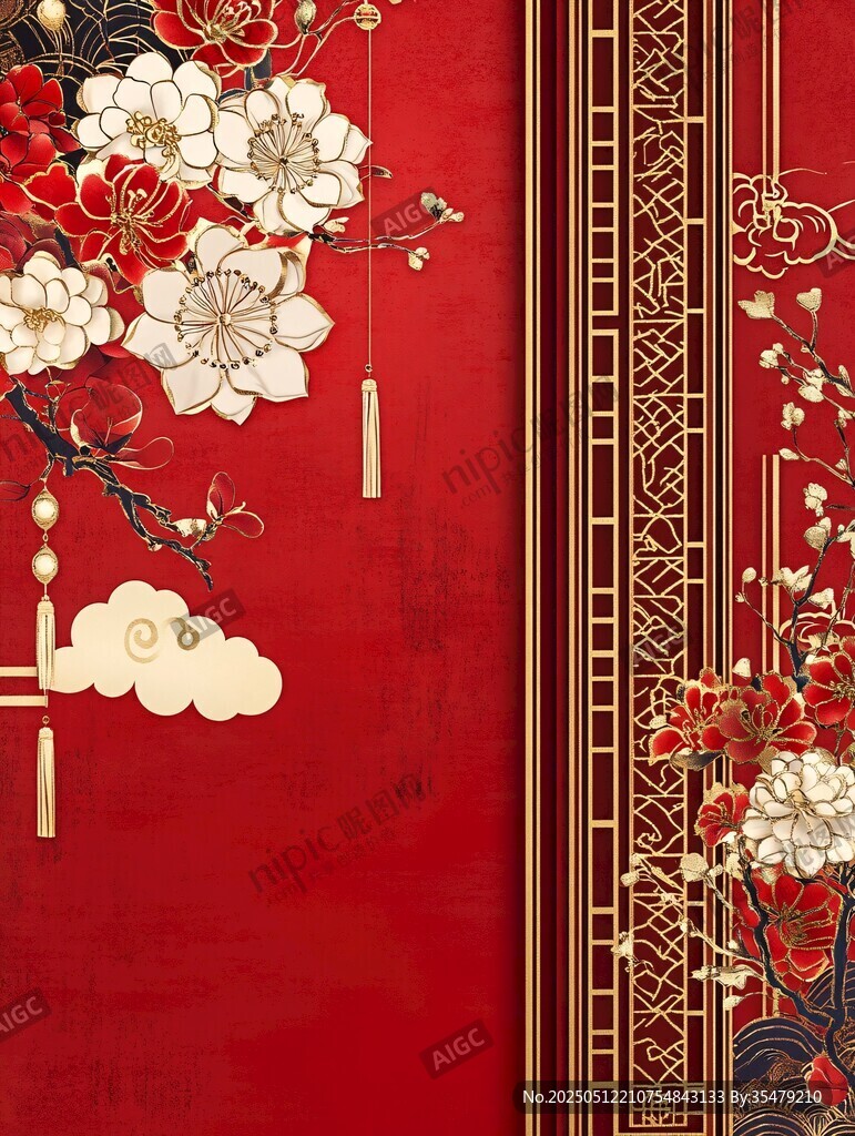 中式紅底繁花傳統裝飾圖