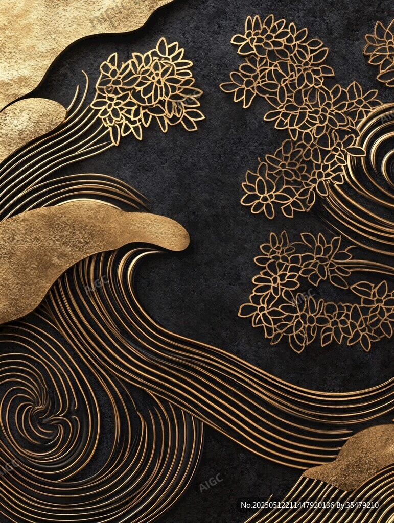 黑金花卉波浪紋理裝飾圖