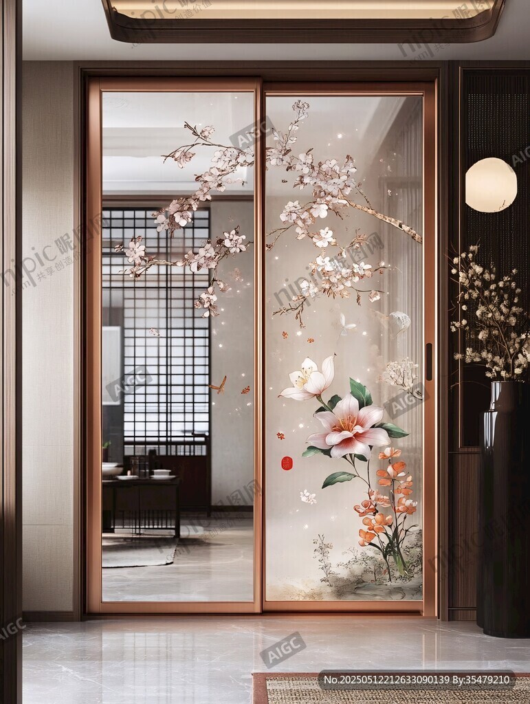 中式花鳥(niǎo)藝術(shù)玻璃隔斷門(mén)