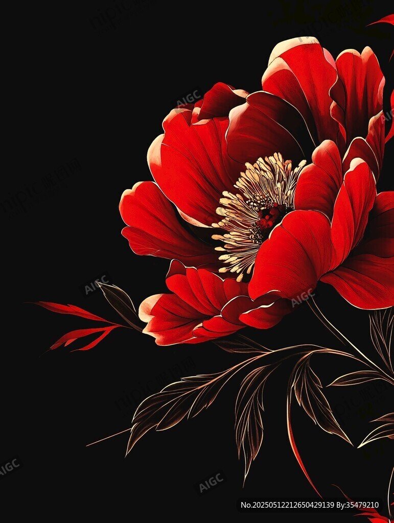 艷麗紅牡丹綻放于黑幕