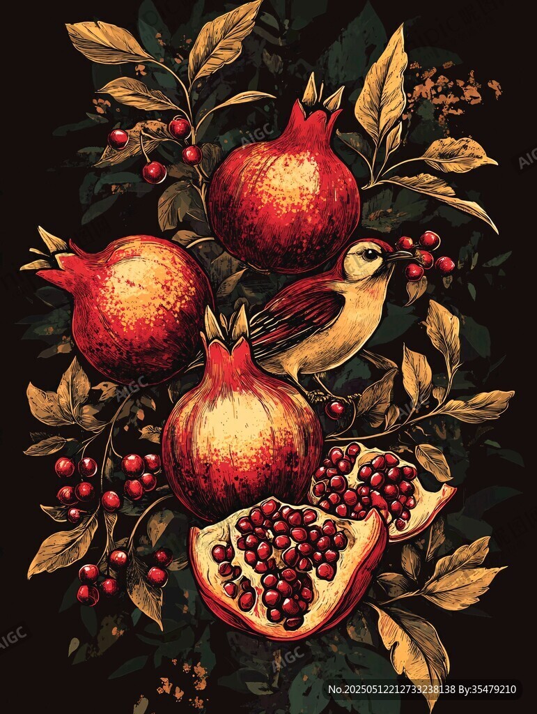 石榴與鳥的精美插畫