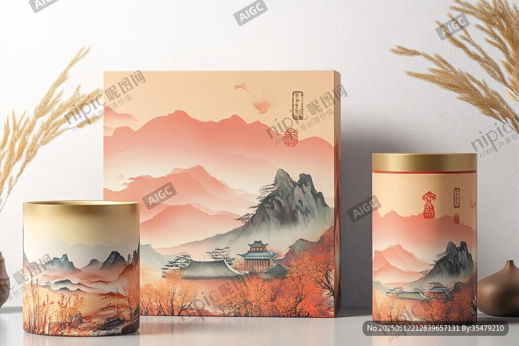 中式山水風茶葉罐與禮盒