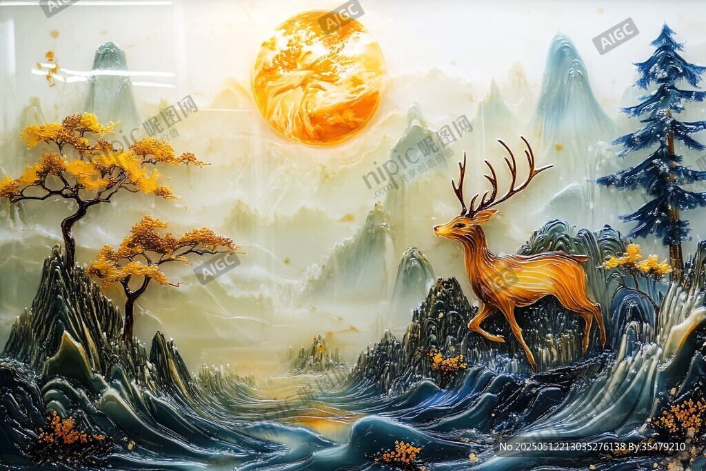 夢幻山林間的靈鹿與旭日