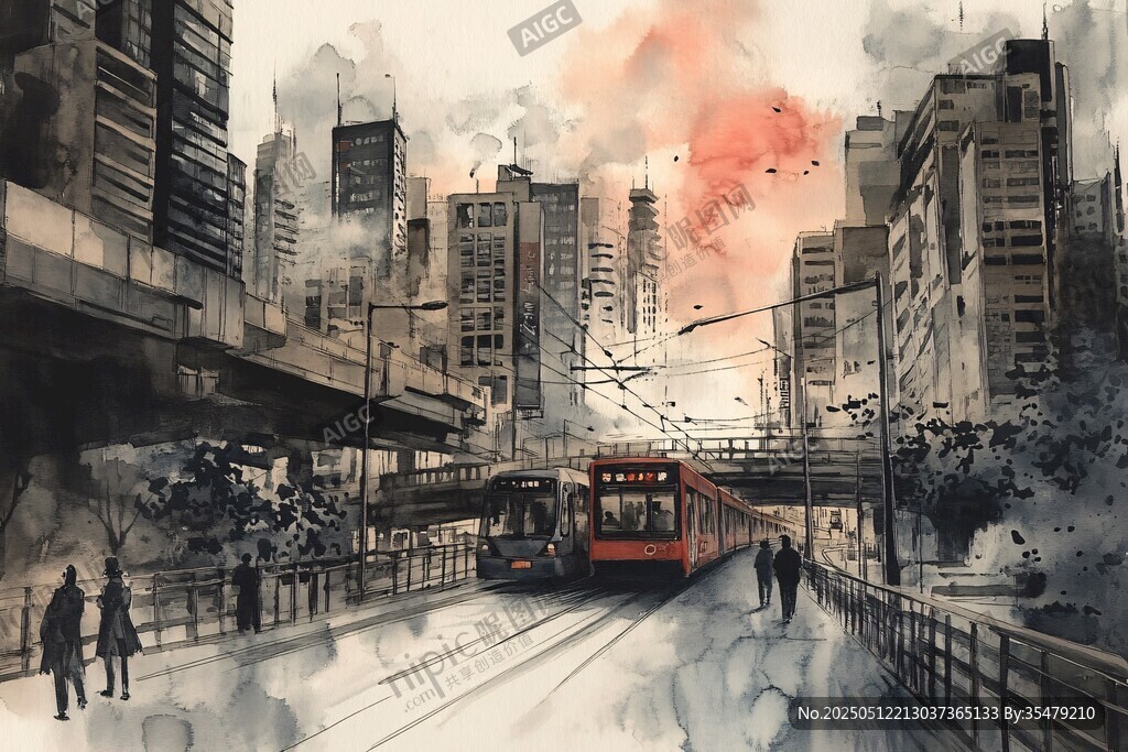 水墨風城市輕軌浪漫景象
