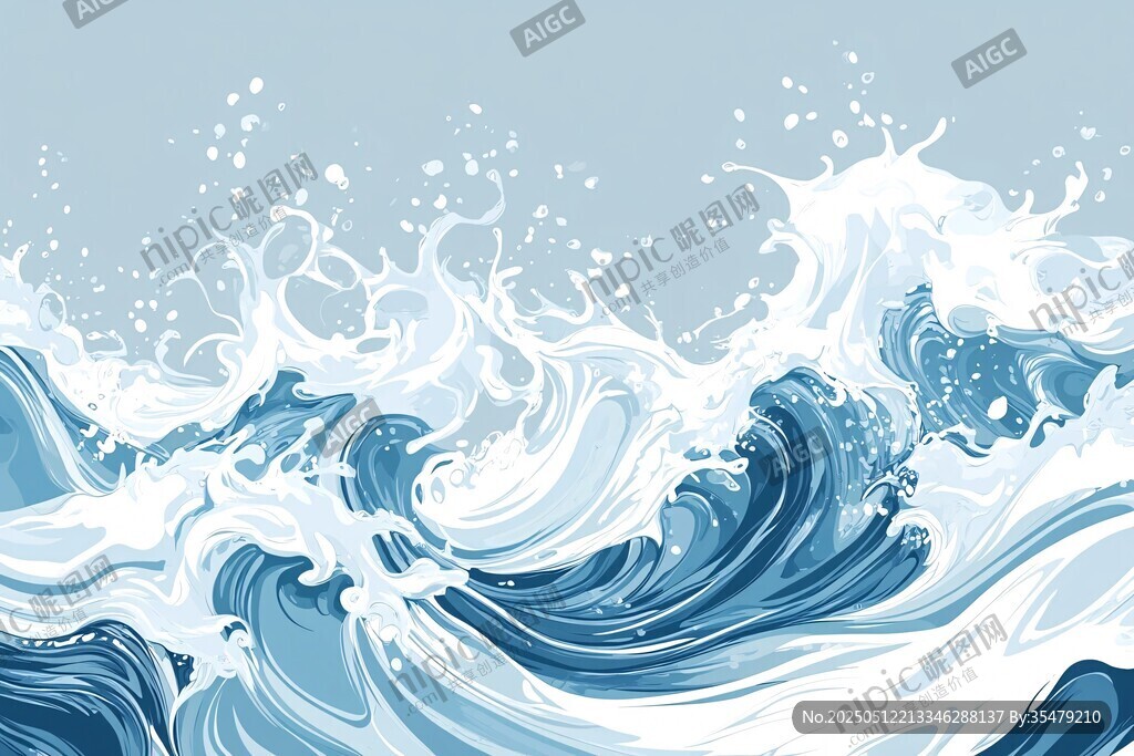 藍(lán)色海浪插畫(huà) 浪花翻涌