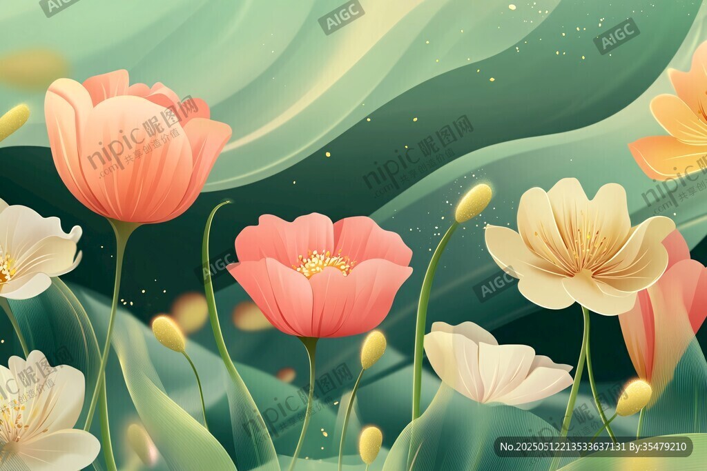 夢(mèng)幻花卉插畫(huà)中的繽紛花朵