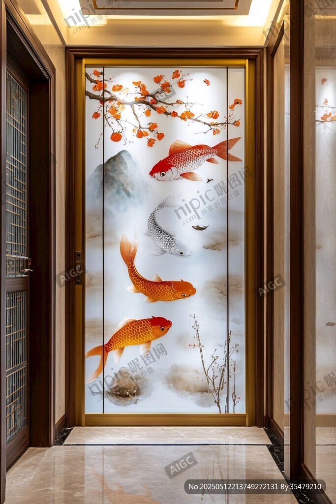 中式玄關(guān)處的金魚藝術(shù)屏風(fēng)