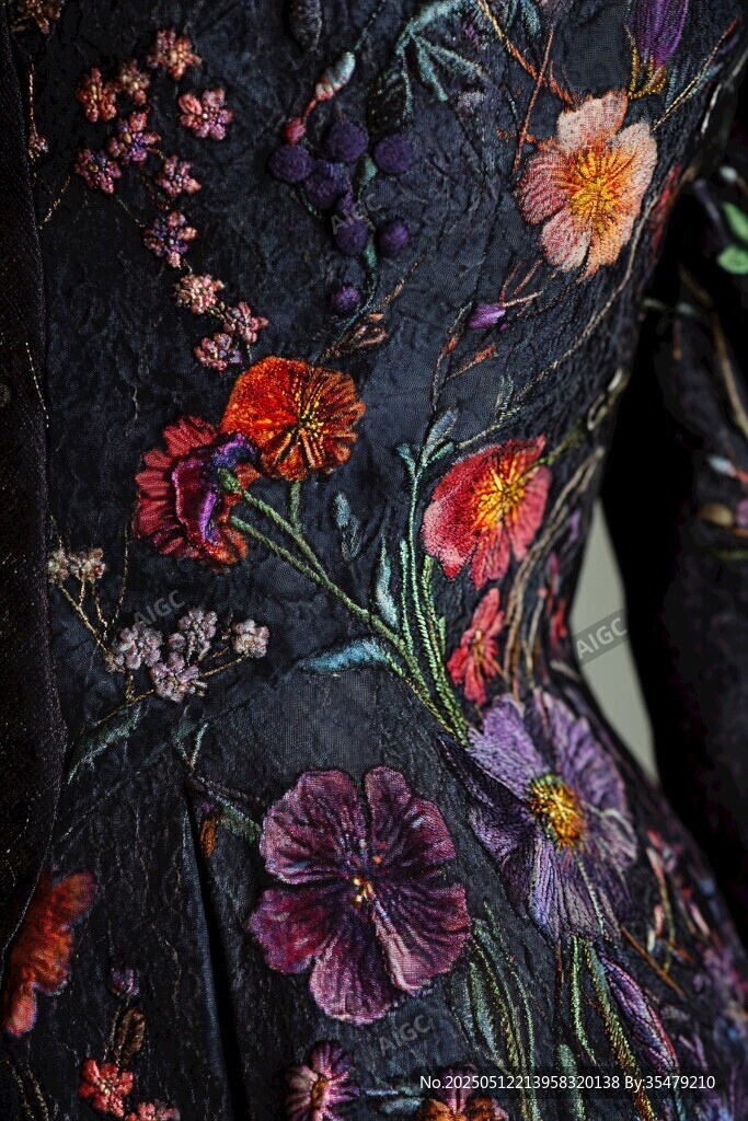 黑色華服上的絢爛花卉刺繡