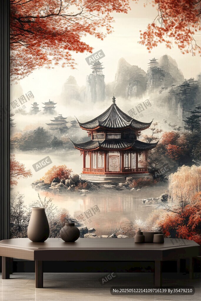 中式山水亭閣室內(nèi)裝飾畫