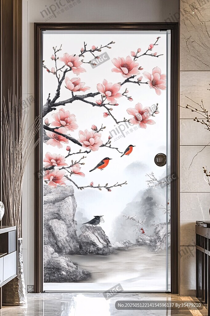 玉蘭花鳥入戶玄關(guān)裝飾畫