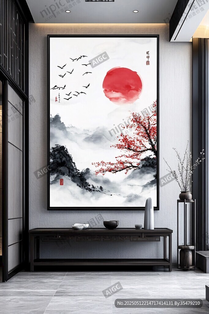 中式玄關紅日山水裝飾畫