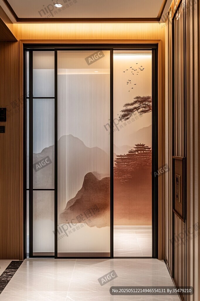 中式山水風(fēng)入戶玻璃隔斷