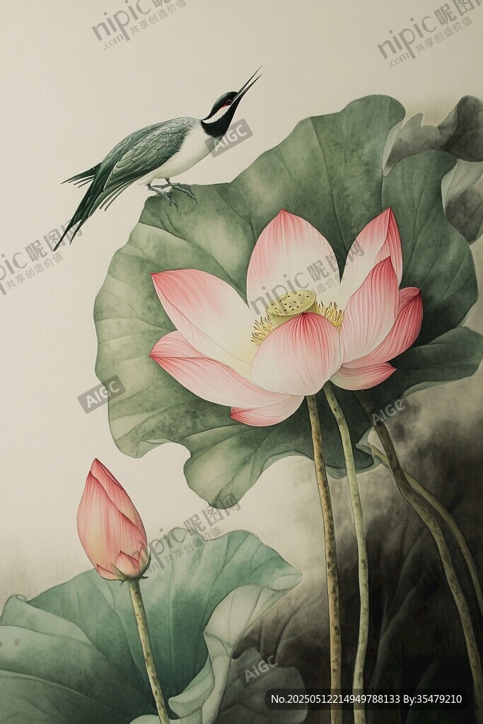 荷上飛鳥(niǎo)圖