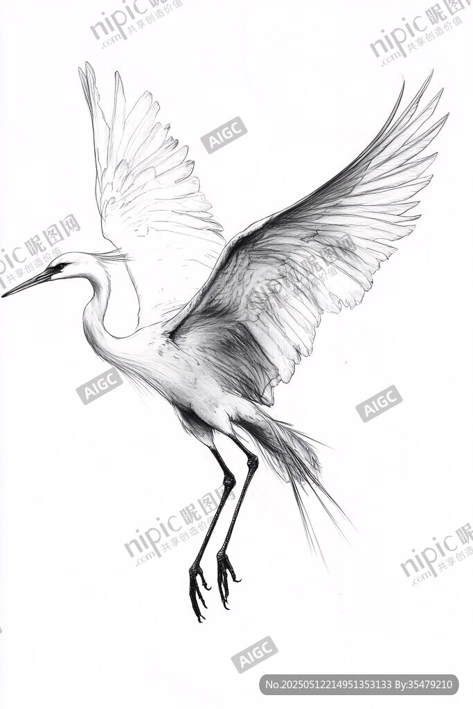 白鷺展翅素描圖