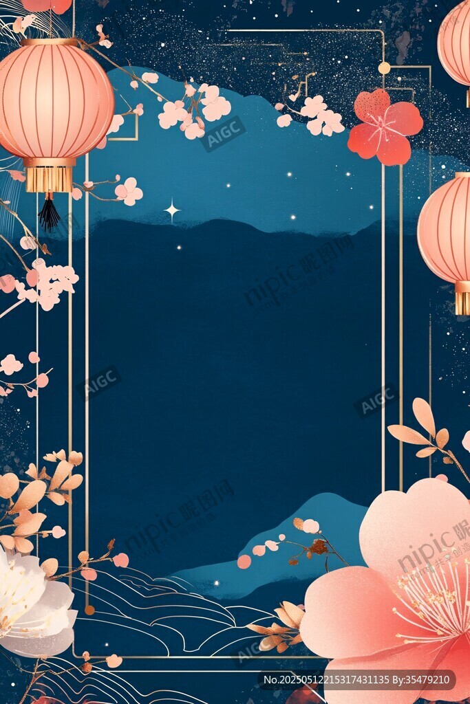 中式夜景燈籠花卉背景圖