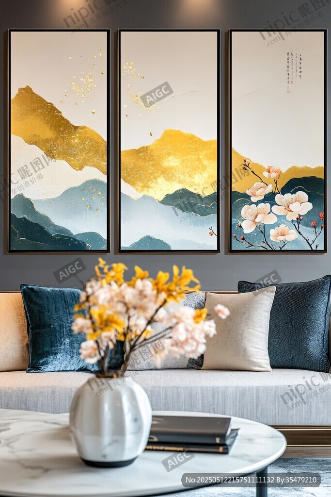新中式山水裝飾畫(huà)客廳場(chǎng)景
