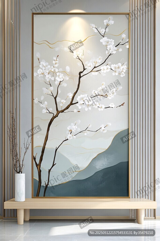新中式花卉山水玄關(guān)裝飾畫