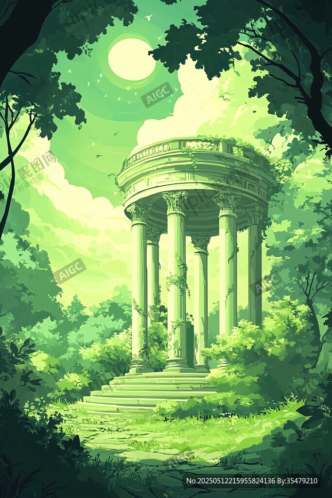 月夜下的森林古典柱式建筑