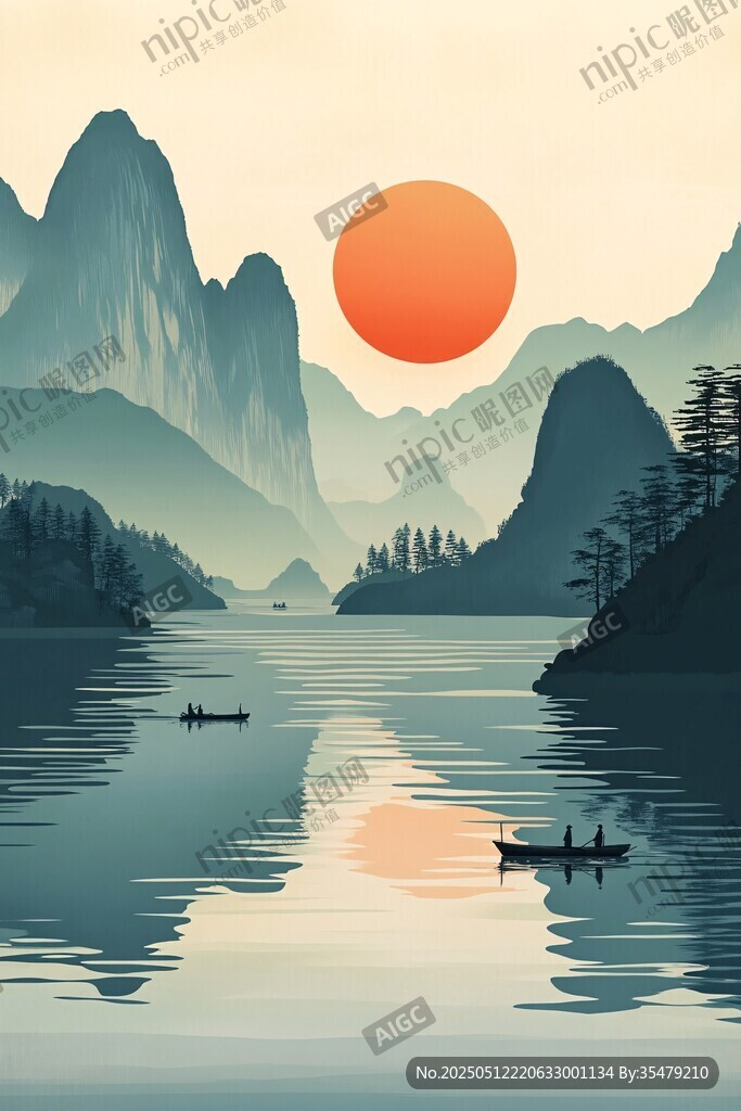 夕陽下的山水泛舟圖景