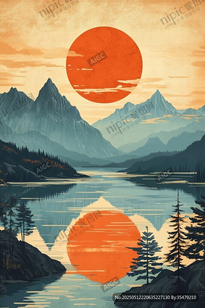 夕陽下的山水湖景倒影