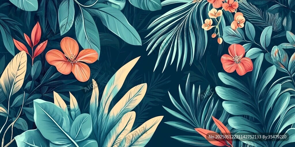 熱帶花卉植物無縫圖案