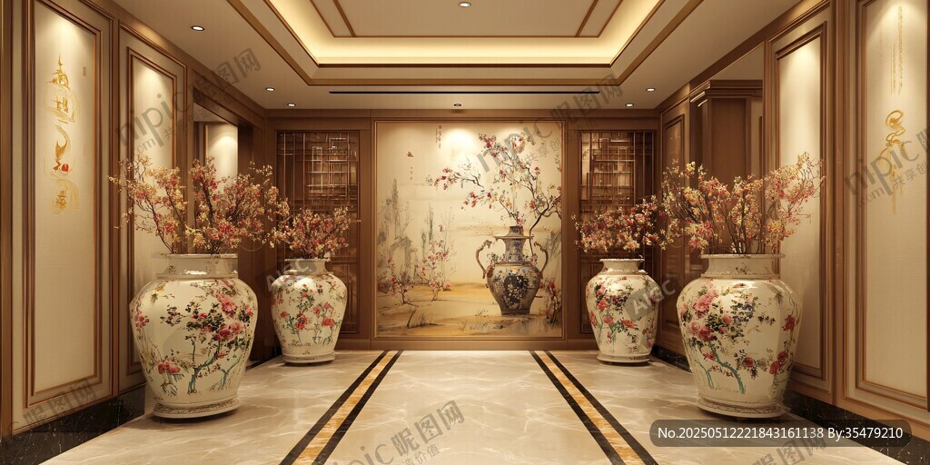 中式典雅走廊 繁花瓷瓶裝點